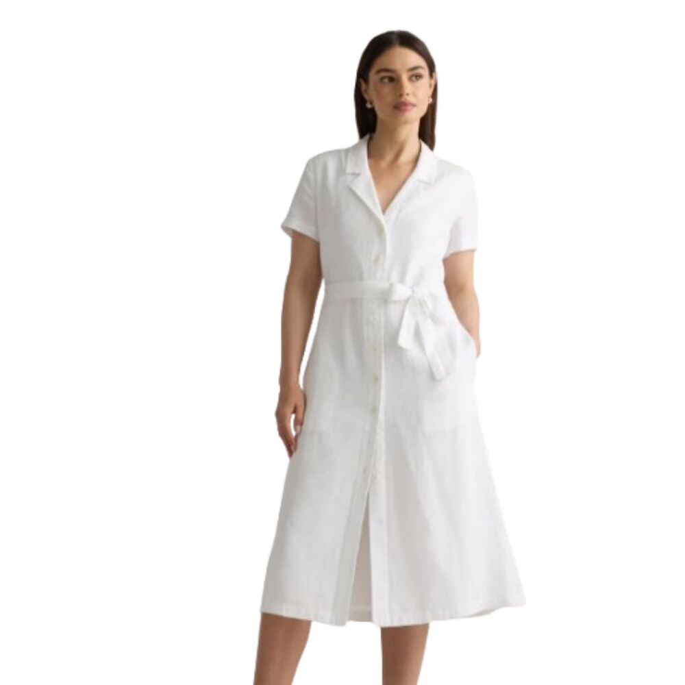 Quince White Button-Front Midi Shirt Dress with Tie Waist
